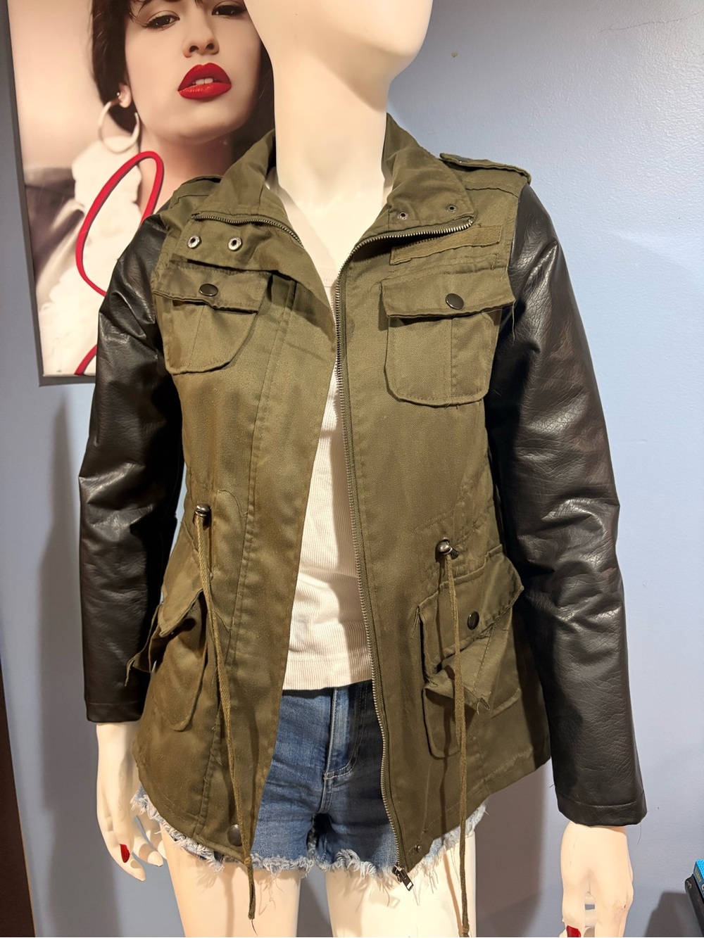 Miss London Olive Green Utility Jacket with Black Faux-Leather Sleeves